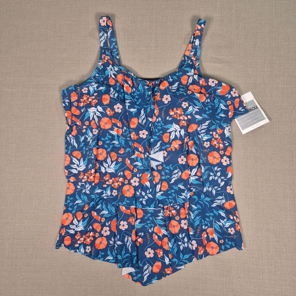 Hanna Nikole Floral Ruffle Tiered Tankini Swim Top Blue Orange Plus Size 20W NWT